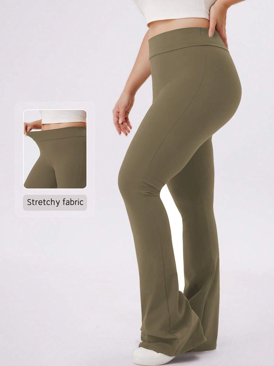 NcmRyu Celana Panjang Wanita Ukuran Besar 1 Potong Warna Polos Pinggang Tinggi Elastis Model Flare, Musim Gugur/Dingin - Chocolate Brown - View 1