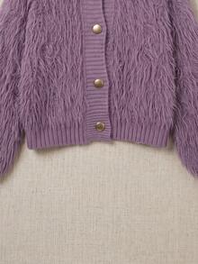 Korean-Style Plush Knit Cardigan – Soft Faux Fur Sweater For Autumn/Winter, Decorated With Fan-Shaped Lace And Pearl Buttons, Comfortable High-Neck Outerwear, Versatile For Daily Wear - Purple - View 9