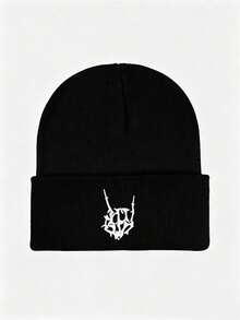 1pc Y2K Gothic Skeleton Rock Gesture Embroidery Knit Beanie, Unisex Streetwear Warm Cuffed Knitted Hat For Halloween Fall Winter - Finger - View 15