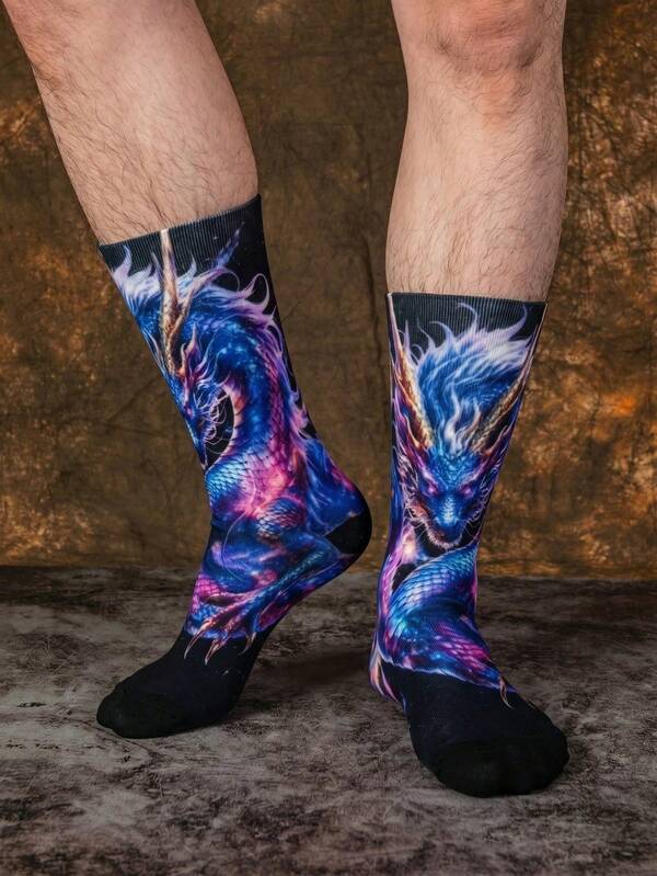 1/3 Pairs Nebula Gradient Dragon Realistic Print Long Socks, Black Base Dirt-Resistant Design, Reinforced Wear-Resistant Toe, Daily Commute Socks, Fun Christmas Gift