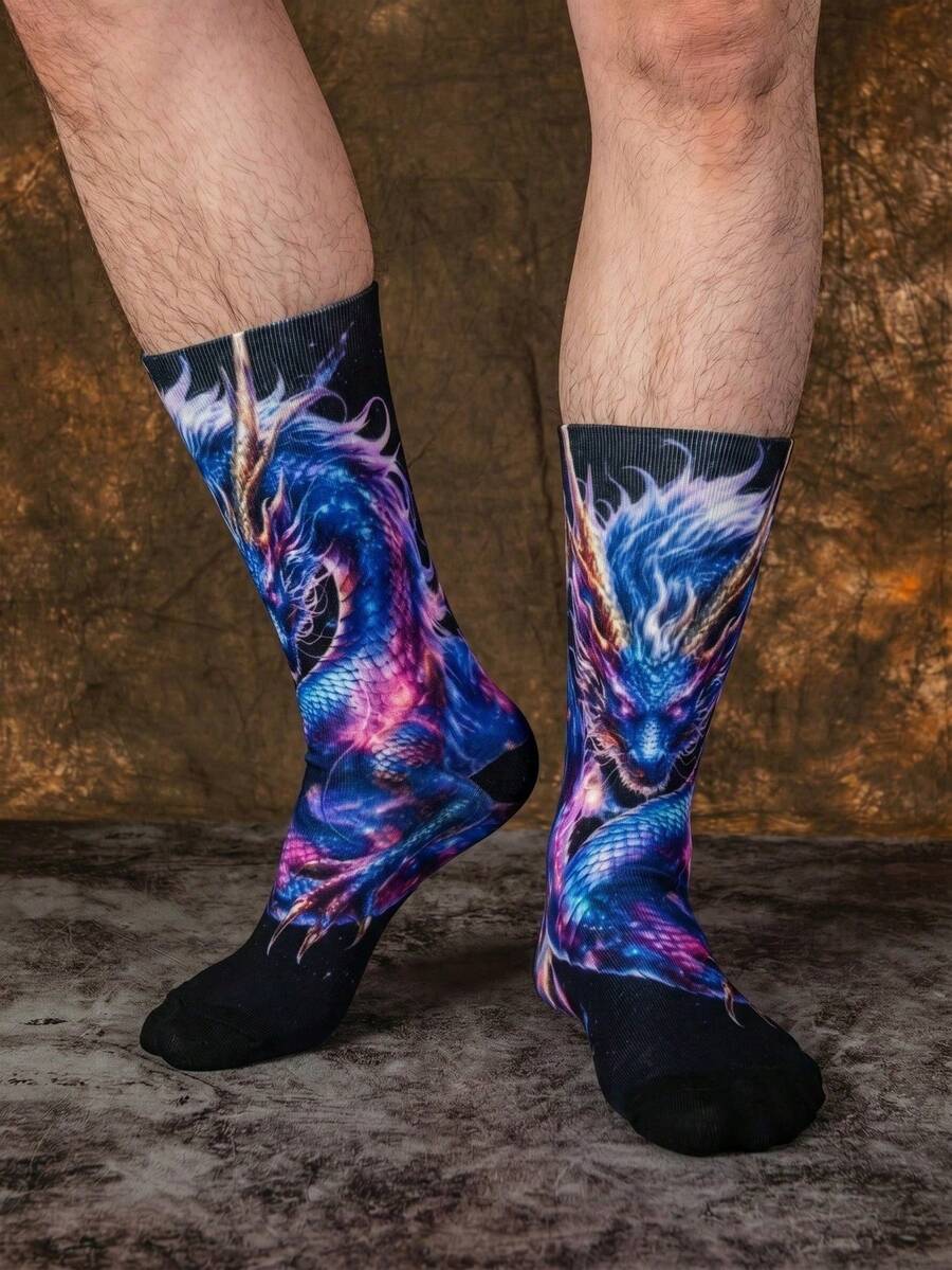 1/3 Pairs Nebula Gradient Dragon Realistic Print Long Socks, Black Base Dirt-Resistant Design, Reinforced Wear-Resistant Toe, Daily Commute Socks, Fun Christmas Gift - Multicolor - View 1