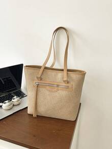 Women's Tote Bag, Textured Faux Leather Shoulder Bag With Adjustable Strap And Front Zipper Pocket, Large Capacity Casual Style, Suitable For Office And Daily Shopping - Khaki - View 8