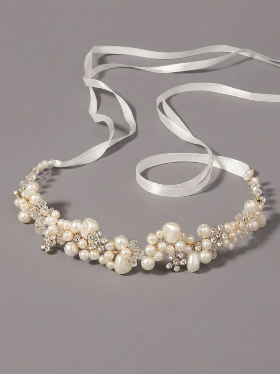 Ethereal Elegant Faux Pearl & Rhinestone Handmade Woven Floral Hair Vine With Adjustable Ribbon Tie, Bridal Headband Hair Accessory For Wedding, Party, Evening Event