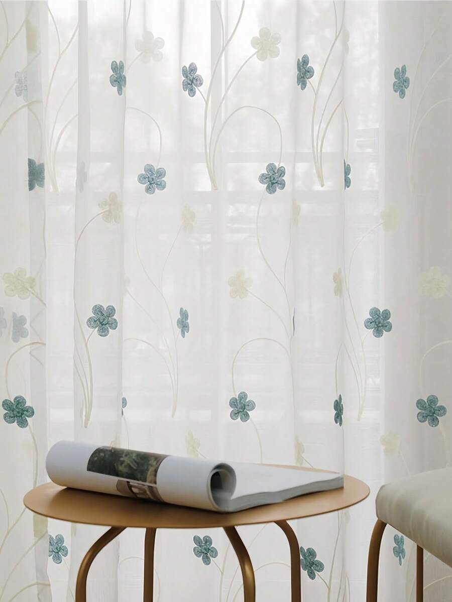 1pc White French Modern Country Style Blue Small Phoenix Tail Flower Embroidery Sheer Curtain, Translucent, Easy To Hang, No Track/Rod Included, Suitable For Living Room, Bedroom, Balcony, Office Home Decor, All Seasons - White - View 1