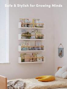 1/2/3/4pcs Kids Room Floating Shelves, Minimalist Design Wall-Mounted Storage Rack, Wall-Mounted Student Bookshelf, Children's Bookshelf, Picture Book Shelf, Kindergarten Bookshelf - White Board Wooden Beads - View 9