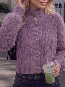 Korean-Style Plush Knit Cardigan – Soft Faux Fur Sweater For Autumn/Winter, Decorated With Fan-Shaped Lace And Pearl Buttons, Comfortable High-Neck Outerwear, Versatile For Daily Wear - Purple - View 3