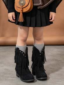 1 Pair Kids Vintage Western Style Tassel Mid-Calf Boots With Rivet Decor And Side Zipper, Suitable For Holiday Outings, Retro Outfit Styling, Autumn/Winter - Black - View 4