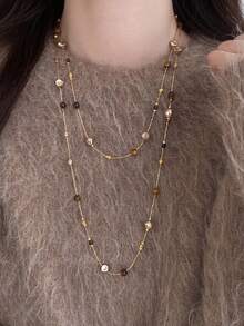3pcs Maillard Beaded Tiger Eye Stone Layered Necklace For Women, Autumn/Winter Hot-Selling High-End Multi-Layer Long Sweater Chain Collarbone Necklace - Multicolor - View 6