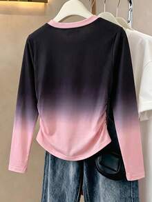 Girls' Casual Fashion Sweet Style Cinched Waist Bow Round Neck Gradient Long Sleeve Top, Spring/Autumn - Pink - View 3