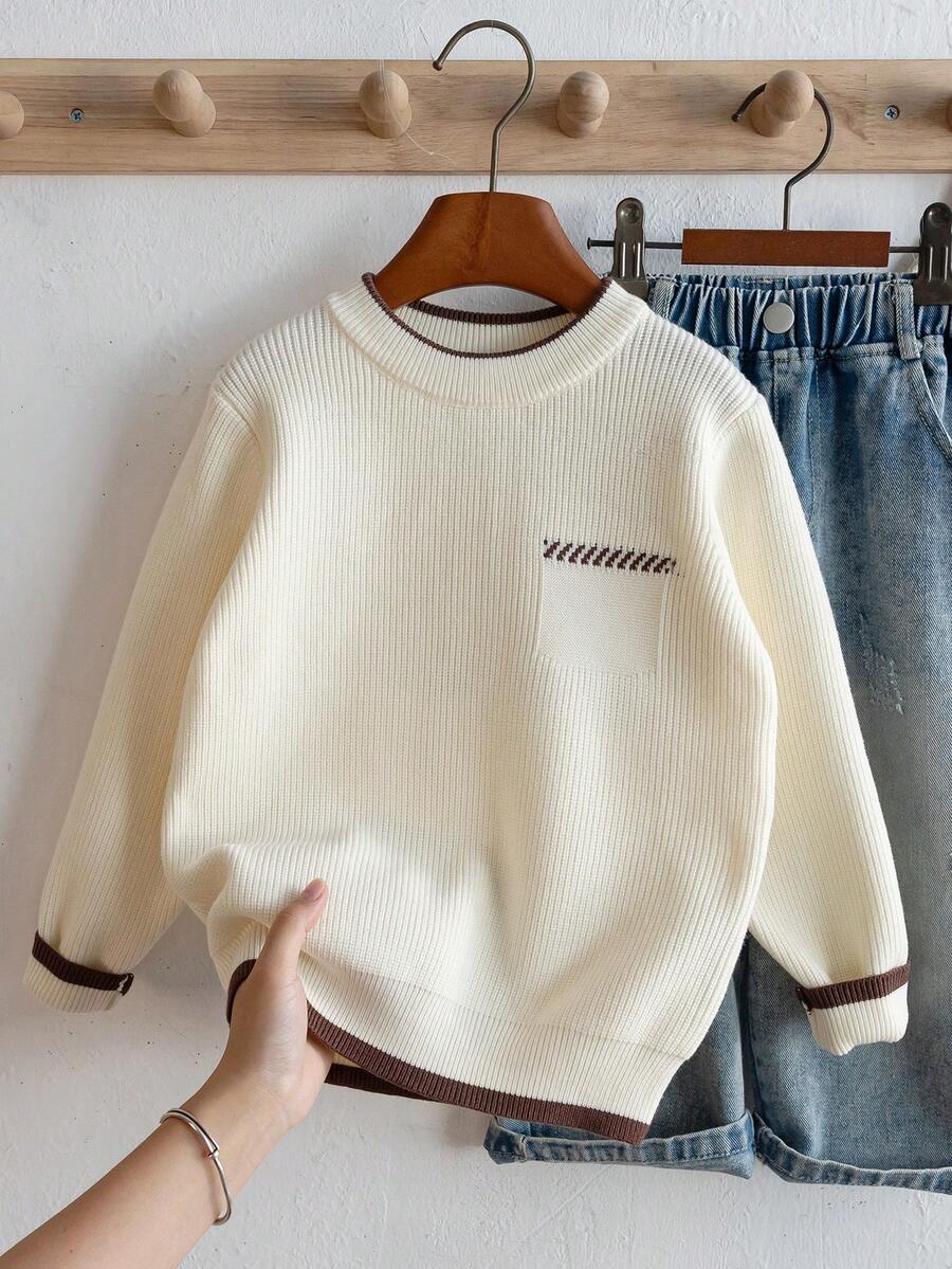 Boys Round Neck Long Sleeve Knit Sweater With Chest Pocket, Contrast Color Stripe Accents, Simple Casual Versatile Pullover, Suitable For School Daily Wear In Autumn/Winter - Apricot - View 1