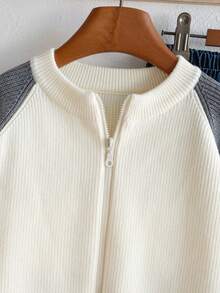 Boys Casual Stand Collar Zip-Up Long Sleeve Knit Cardigan Sweater, Colorblock Patchwork Ribbed Texture, Minimalist Versatile For Daily Casual School Wear, Spring Autumn Winter - Apricot - View 3
