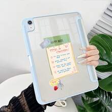 1pc Blue & Beige Vertical Striped Happy Note Sticker Collage Print Tablet Protective Case, With Pen Slot, Multi-Angle Magnetic Stand, Supports Auto Sleep/Wake, Compatible With IPad Pro/Air, Pad 5/6/7, MatePad - Multicolor - View 5