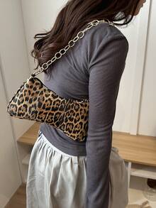 Fashion Leopard Print Chain Baguette Bag Chain Crescent Shoulder Bag Coin Purse - Brown - View 6