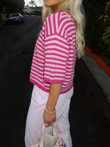 Vivid Style Summer/Autumn Basic Blue & Yellow Striped Button-Up Cardigan, Preppy Short Five-Sleeve Knit Top, Back To School Outfit Inspiration - Hot Pink - View 3