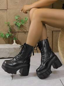 Women's Chunky High Heel Boots With Side Zipper And Lace-Up, Thick Sole Height-Increasing Short Work Boots, Sweet Cool Style For Petite - Black - View 7