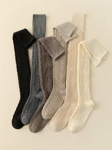 1/2 Pairs Women's Over-The-Knee Socks With Cable Knit Embossed Pattern Design, Wool Blend Thigh-High Socks, Fashionable Versatile High Socks For Autumn/Winter Daily Wear - Multicolor - View 3