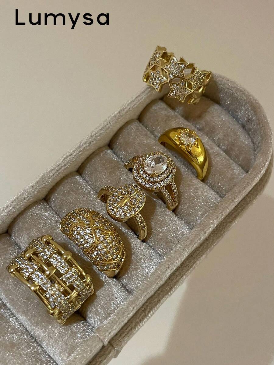 6pcs Old Money Style! Luxurious Cubic Zirconia Multi-Element Ring Set Suitable For Women's Banquet And Party Wear (Gift Box Not Included)