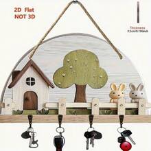 2D Flat Cute Rabbit Family Wooden Key Holder With 4 Metal Hooks, Colorful Wall Art And Home Decor For Entryway, Room And Villa, Rabbit Theme Seasonal Holiday Decoration, Key Storage Box, 2D Flat Design - Multicolor - View 2