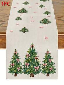 Christmas Table Runner, Throw Pillow, Placemat With Pink Bow And Christmas Tree Print, Minimalist Fresh Style, Holiday Kitchen Dining Table Decor - Multicolor - View 14