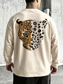 Men's Leopard Head & Leopard Print Patchwork Crew Neck Long Sleeve T-Shirt, Casual Outdoor Daily Pullover Top - Apricot - View 2