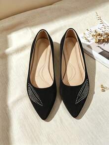 Women's Pointed Toe Flat Ballet Shoes, Black Faux Suede With Rhinestone And Feather Decor, Low Vamp, Soft Sole, Comfortable, Flattering, Elegant Luxury Style For Commute, Party, Daily Wear - Black - View 3