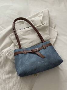 1pc Blue Colorblock PU Women's Large Capacity Shoulder Bag With Strap Decoration - Blue - View 3
