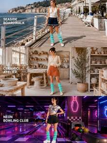 Penghangat Kaki Rajut Bergaris Hijau Mint Wanita, Kaus Kaki Kaki Terbuka Berumbai Tiga Tingkat, Penutup Sepatu Bot Fashion Y2K untuk Pakaian Streetwear, Dansa, dan Festival - MultiWarna - View 3