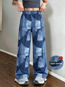 [Random 3 Pieces, 1 Piece Sent] Vintage Street Girl Wide Leg Sweatpants, Full Coverage Colorblock Denim Effect Print Elastic Waist School Pants - Multicolor - View 2