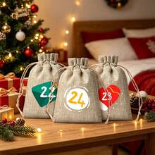 CARRIECUR 24Pcs Christmas Advent Calendar Bags, Simple Color Block Xmas Elements Linen Drawstring Gift Pouches With Number Print, Wooden Clothespins & Jute Twine, DIY Xmas Countdown Candy Treat Gift Sacks - View 3