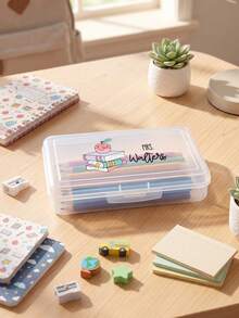 1pc Personalized Custom Name Clear Plastic Pencil Box, Cute Cartoon Print Stationery Storage Case, Stackable Transparent Pen Organizer, Back To School Gift For School Supplies - Multicolor - View 2