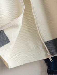 Boys Casual Stand Collar Zip-Up Long Sleeve Knit Cardigan Sweater, Colorblock Patchwork Ribbed Texture, Minimalist Versatile For Daily Casual School Wear, Spring Autumn Winter - Apricot - View 7