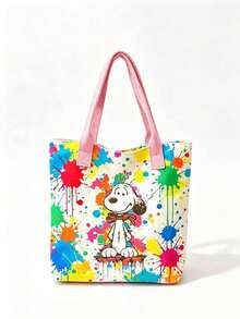 可愛 Snoopy 塗鴉潑墨印花帆布托特包，大容量休閒單肩手提包，時尚卡通購物袋，適合女性學生通勤旅行禮物 - D - 查看 4