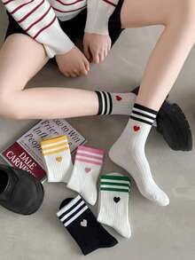 1/5 pares de calcetines de media caña estilo universitario para mujer con rayas de corazón, puño acanalado de doble raya, calcetines deportivos casuales para correr, fitness, yoga, pilates, suaves y transpirables para el uso diario, simples y cómodos, adecuados para todas las estaciones - Multicolor - Ver 3