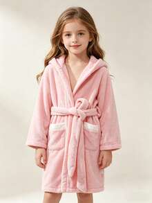 Bata de baño suave, absorbente y linda con diseño 3D de conejo para niñas preadolescentes, adecuada para primavera, otoño e invierno - Rosa - Ver 3