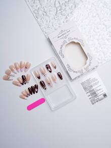 24pcs Y2K Maillard Sweet Cool Press-On Nails, Almond Shape Nude Color Fake Nails, Coffee Brown Star, Polka Dot, Plaid, Stripe And French Tip, Shiny Rhinestone Embellished Reusable Adhesive Fake Nails, Suitable For Daily Wear, Date And Party - Multicolor - View 4