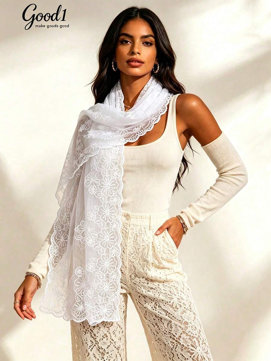 1pc Embroidered Floral Pattern Lightweight Scarf, Solid Color Basic Elegant Long Scarf, Suitable For All Seasons