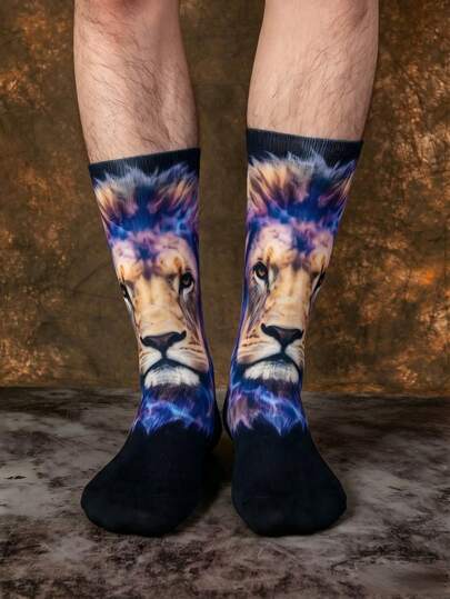 1/3 Pairs Black Gradient Starry Sky Lion Print Sports Socks, Realistic Animal Pattern, Durable Reinforced Toe And Heel, Fun Christmas Gift