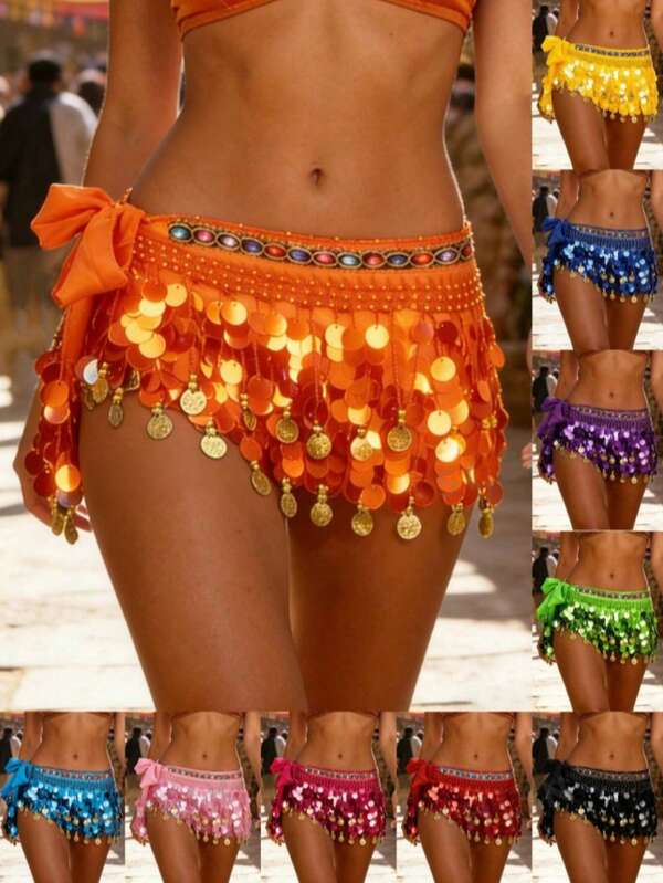 Cinturón de cadena para la cintura con flecos de strass y brillo multicolor vibrante para mujer, adecuado para carnaval, festival, actuación de danza del vientre y disfraz de escenario