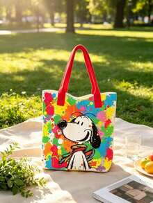 塗鴉 Snoopy 印花帆布托特包，彩色潑墨藝術單肩包，大容量休閒手提包，時尚女款日常購物包 - E - 查看 3