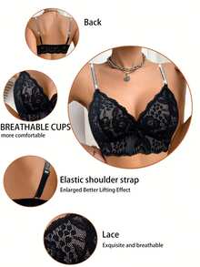 1pc Women's Casual Solid Color Lace Patchwork Sexy & Comfortable Minimalist Sports Bra - Black - View 5