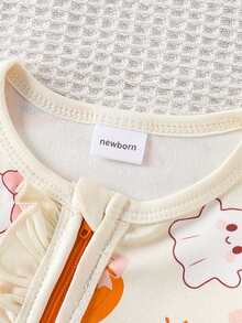 1pc Newborn Baby Girl Cute Comfortable Soft Long Sleeve Pumpkin Print Bodysuit With Headband Thin Spring Autumn Halloween Outfit - Apricot - View 5