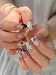 24pcs Y2K Sweet & Cool Style Press-On Nails, Almond Shaped Fake Nails, Mint Green & Nude Pink Gradient, Black Star Print, Polka Dot & Black French Tip Design, Reusable Adhesive Fake Nails, Suitable For Daily Wear And Dates - You Make Me Melt - View 9