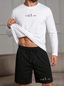Men's Summer Crew Neck Casual Long Sleeve T-Shirt And Casual Shorts Loungewear Set - White - View 2