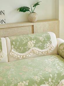 1 buah Sarung Bantal Sofa Motif Bunga Vintage, Kain Chenille dengan Hiasan Renda Rumbai Elegan, Pelindung Sofa Universal Anti Selip dan Tahan Aus, Dekorasi Rumah - Hijau - View 7