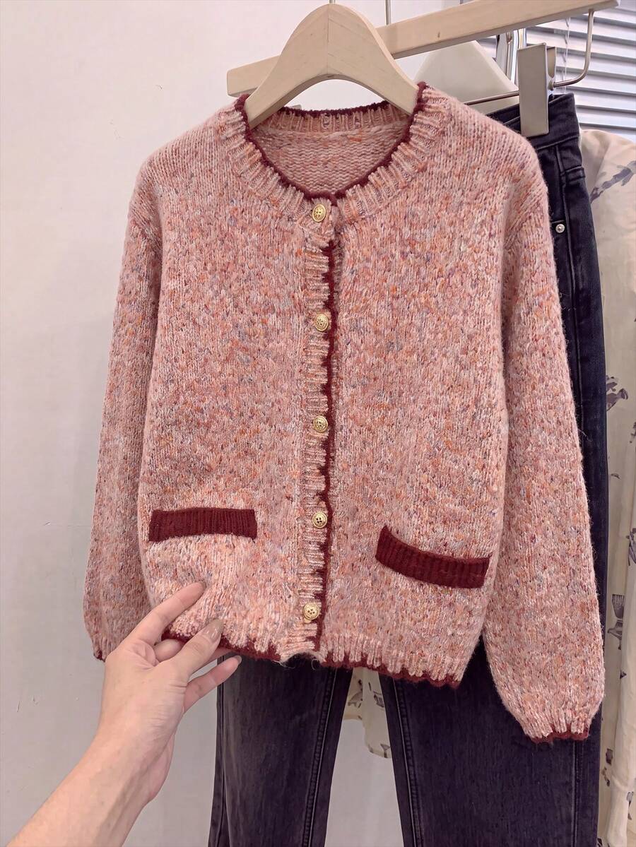 Pink And Red Contrast Trim Knit Cardigan - Autumn/Winter Style, With Gold Buttons And Functional Pockets, Christmas Party - Pink - View 1