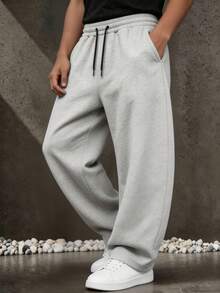 2pcs Men's Plus Size Elastic Waist Drawstring Wide Leg Solid Color Sweatpants, High Drape Loose Straight Leg Casual Sports Long Pants - Multicolor - View 3