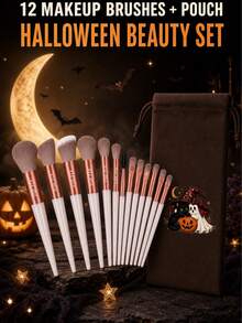 FSJF FIX 12-Piece Makeup Brush Set With Halloween Drawstring Storage Pouch, White Handle Rose Gold Tone Face And Eye Brushes For Foundation, Powder, Blush, Eyeshadow, Brows, Daily Beauty Routines, Party Looks, Travel And Makeup Organization - Multicolor - View 1