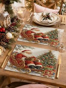 Christmas Table Runner, Throw Pillow, Placemat, Vintage Santa Claus Sleigh Gift Christmas Tree Print, Winter Snow Scene, Kitchen Dining Room Holiday Tabletop Decor - Multicolor - View 4
