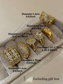 6pcs Old Money Style! Luxurious Cubic Zirconia Multi-Element Ring Set Suitable For Women's Banquet And Party Wear (Gift Box Not Included) - Yellow Gold - View 9