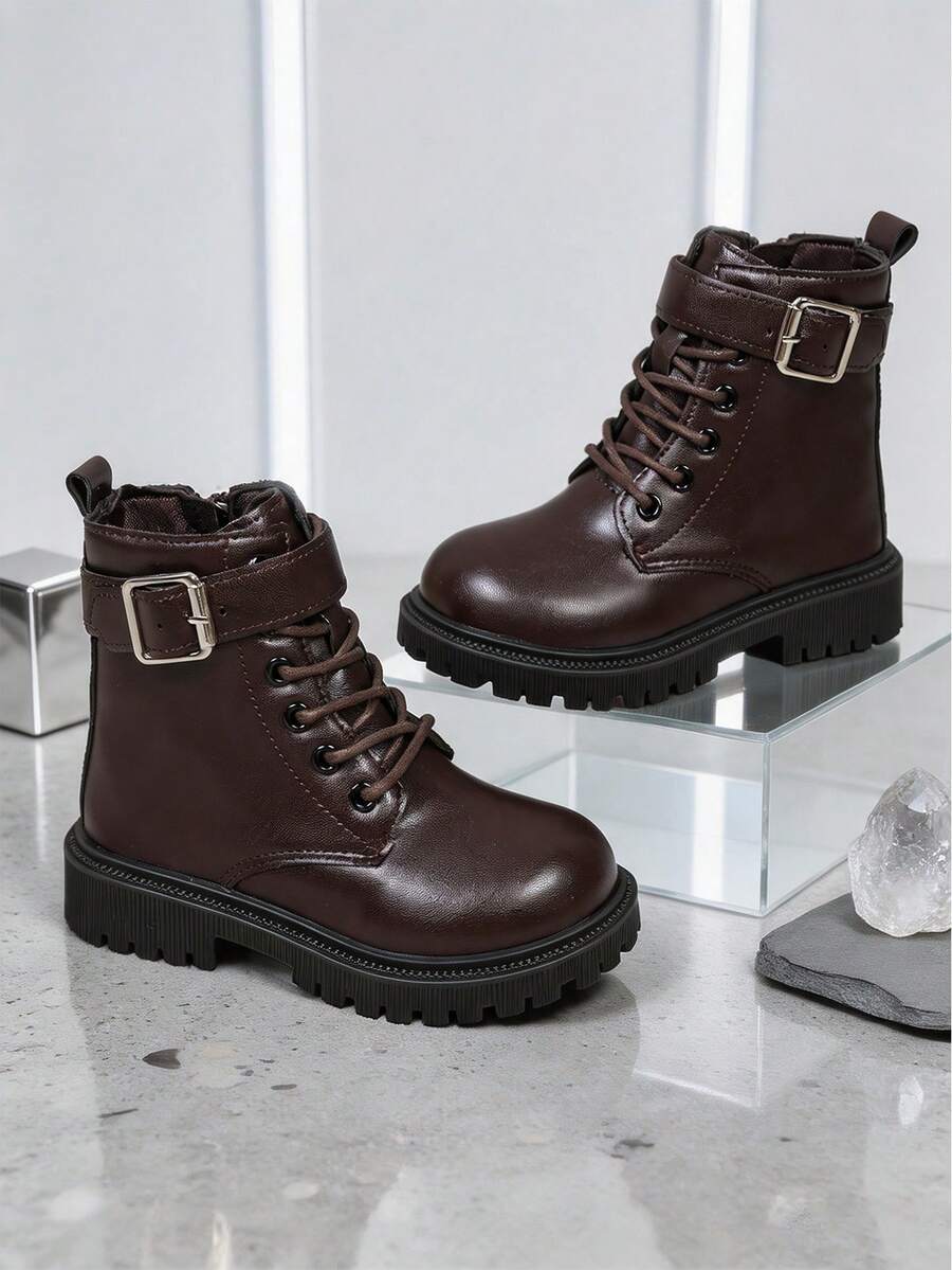 1 Pair Kids' Vintage Buckle Boots, Glossy PU Upper, Thick Sole, Anti ...